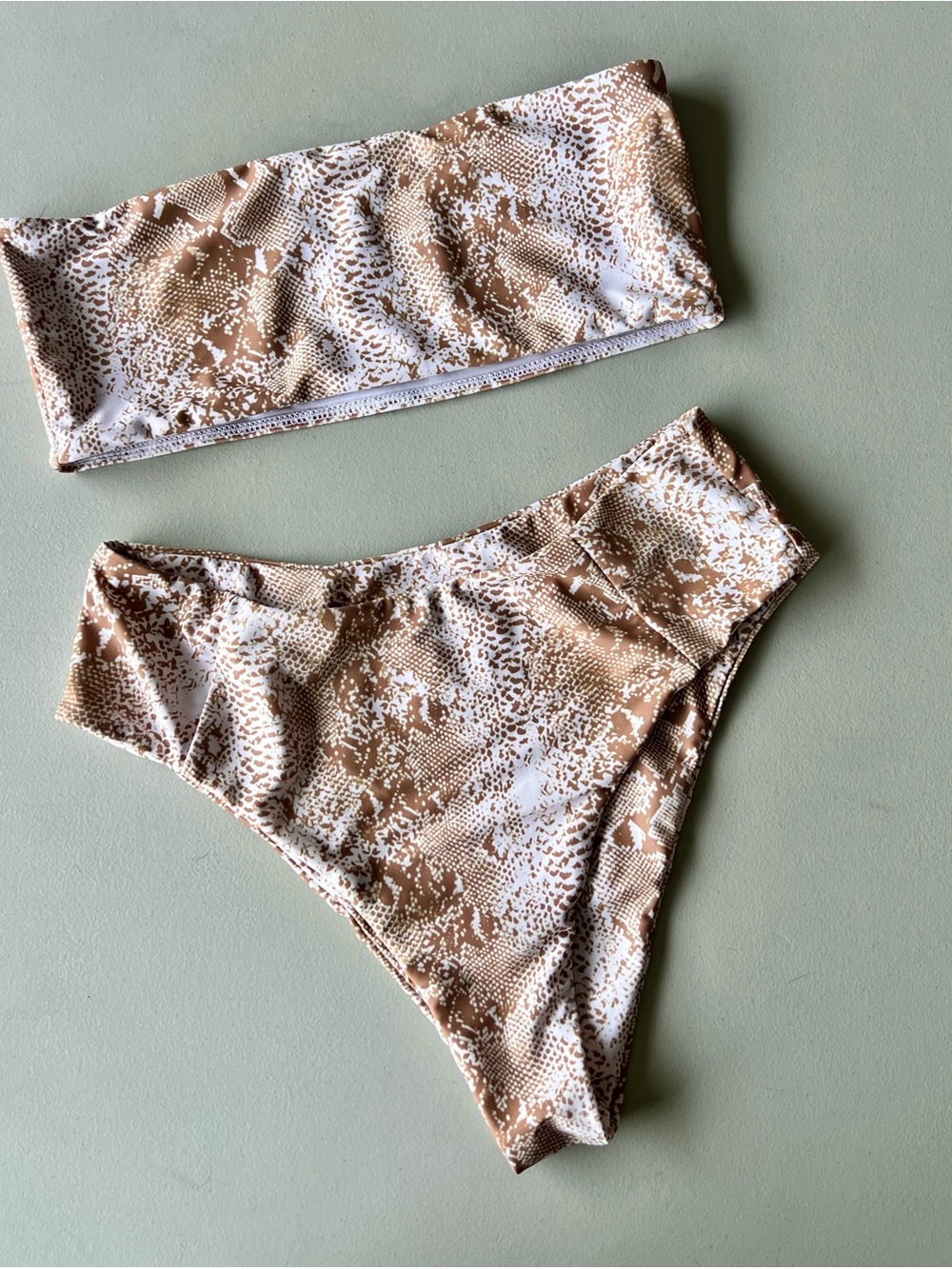 High-Waist Bandeau Bikini Set in Beige Snake Print